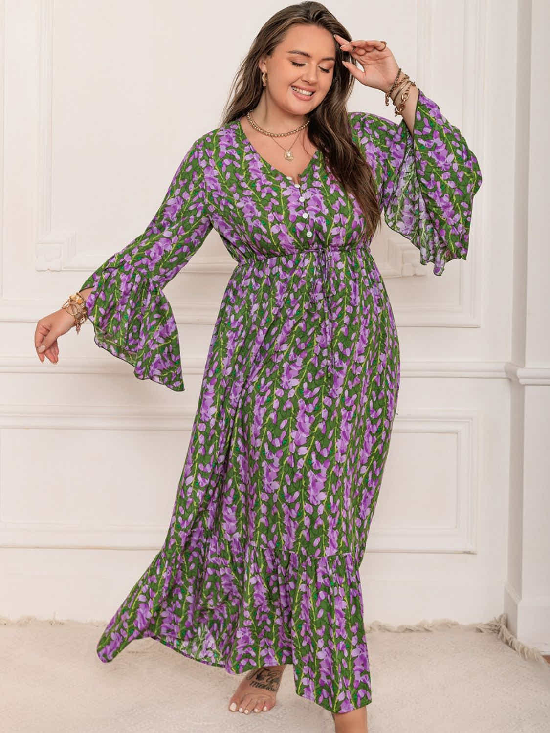 Plus Size Printed V-Neck Long Sleeve Maxi Dress Trendsi