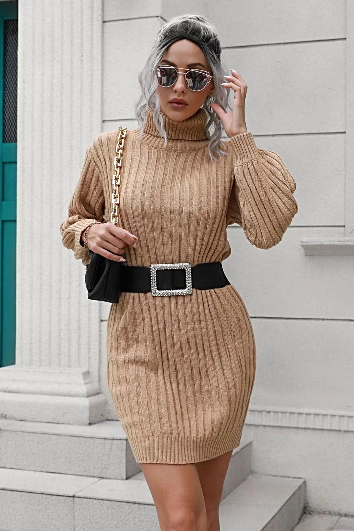Ribbed Turtle Neck Long Sleeve Mini Sweater Dress -
