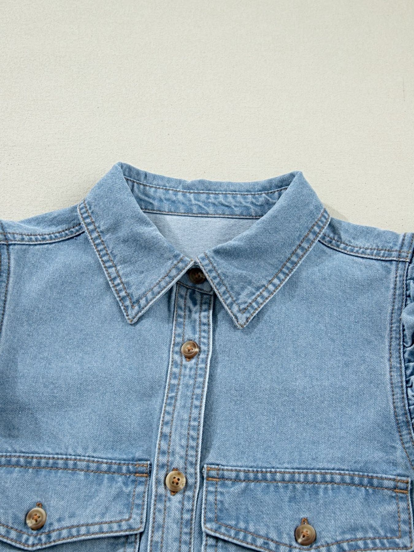 Ruffled Button-Down Denim Shirt -