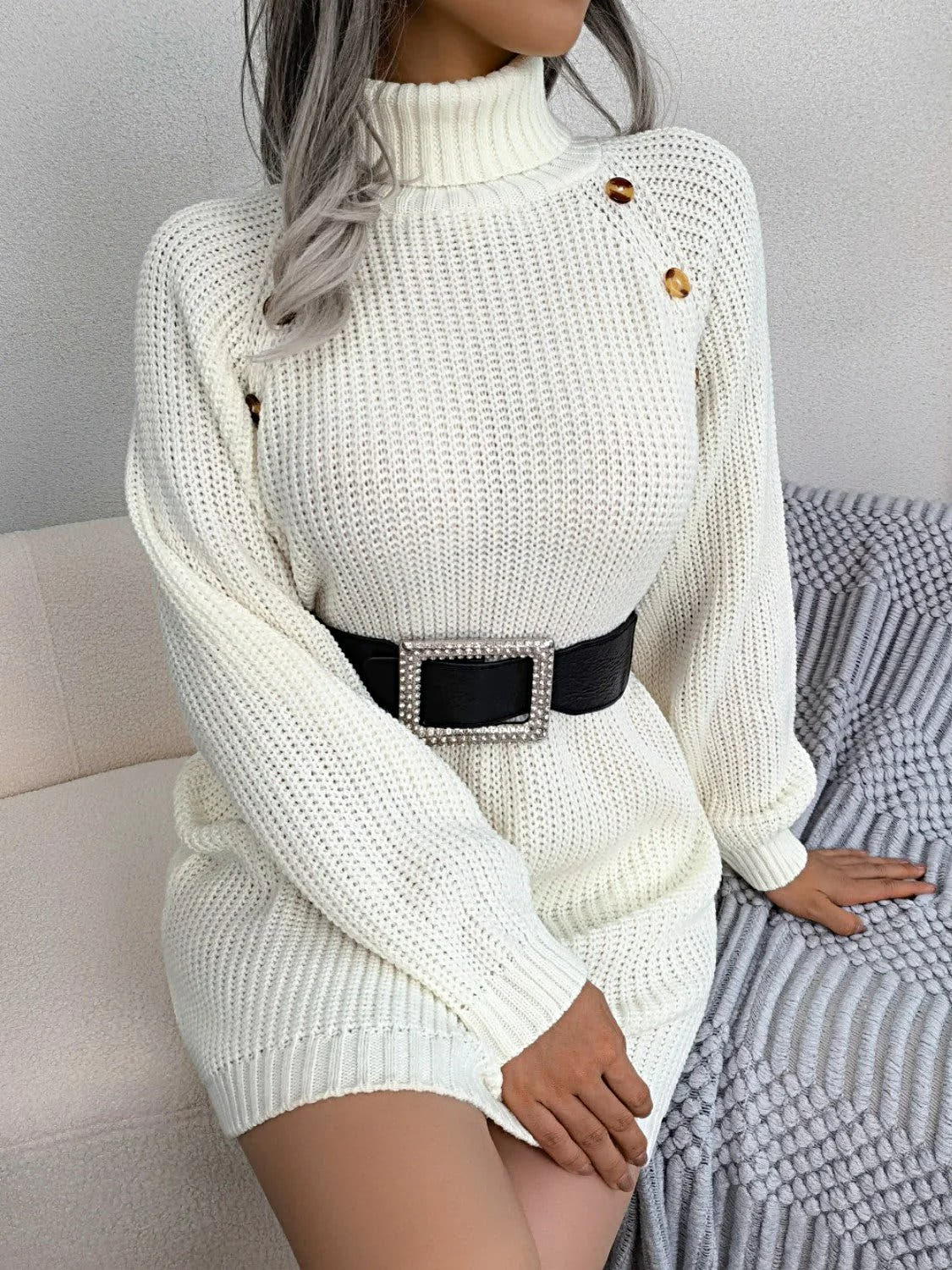 Elegant Decorative Sweater Dress with Buttons - 100% Acrylic, Moderate Stretch, Machine Washable Trendsi