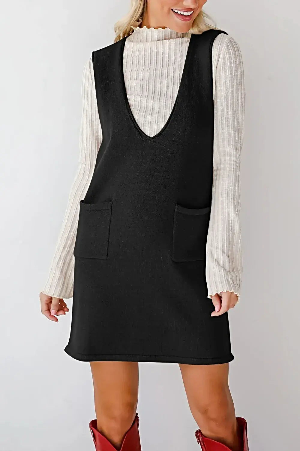 Lovelet Pocketed V-Neck Mini Sweater Overall Dress -