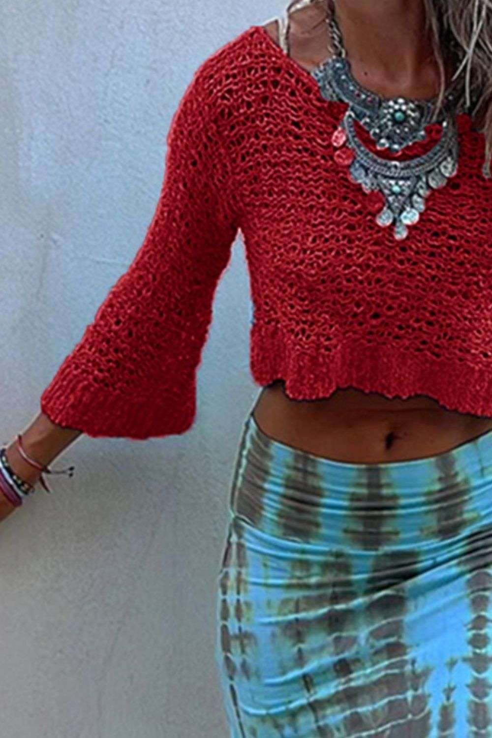 Round Neck Long Sleeve Knit Cover Up Trendsi