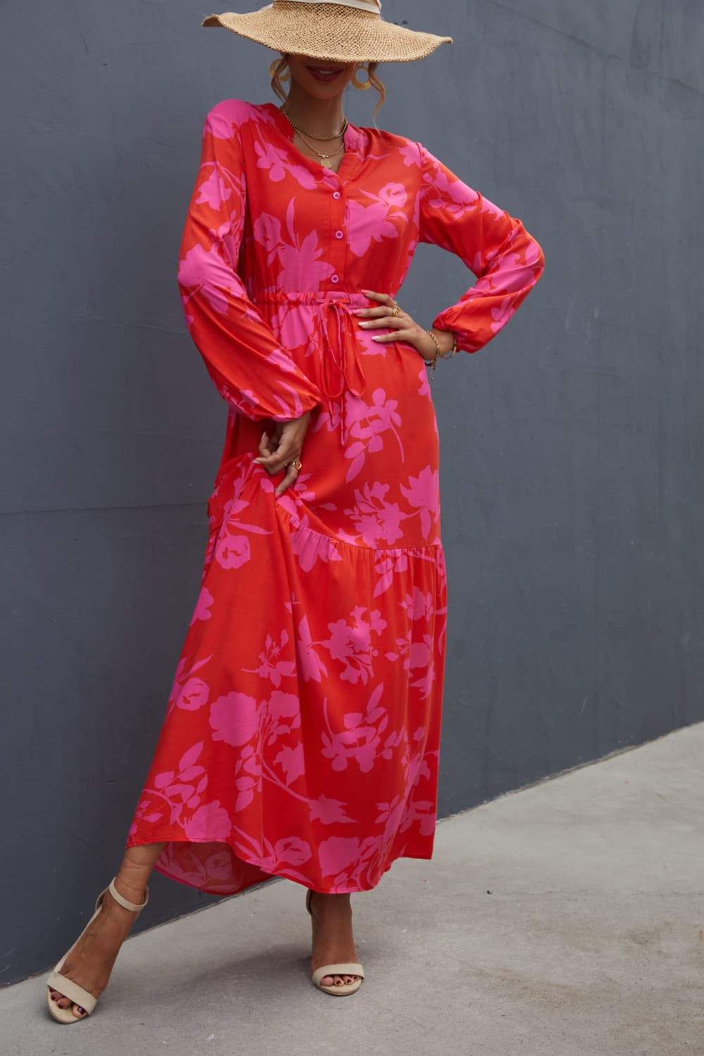 Floral Drawstring Waist Long Sleeve Dress -