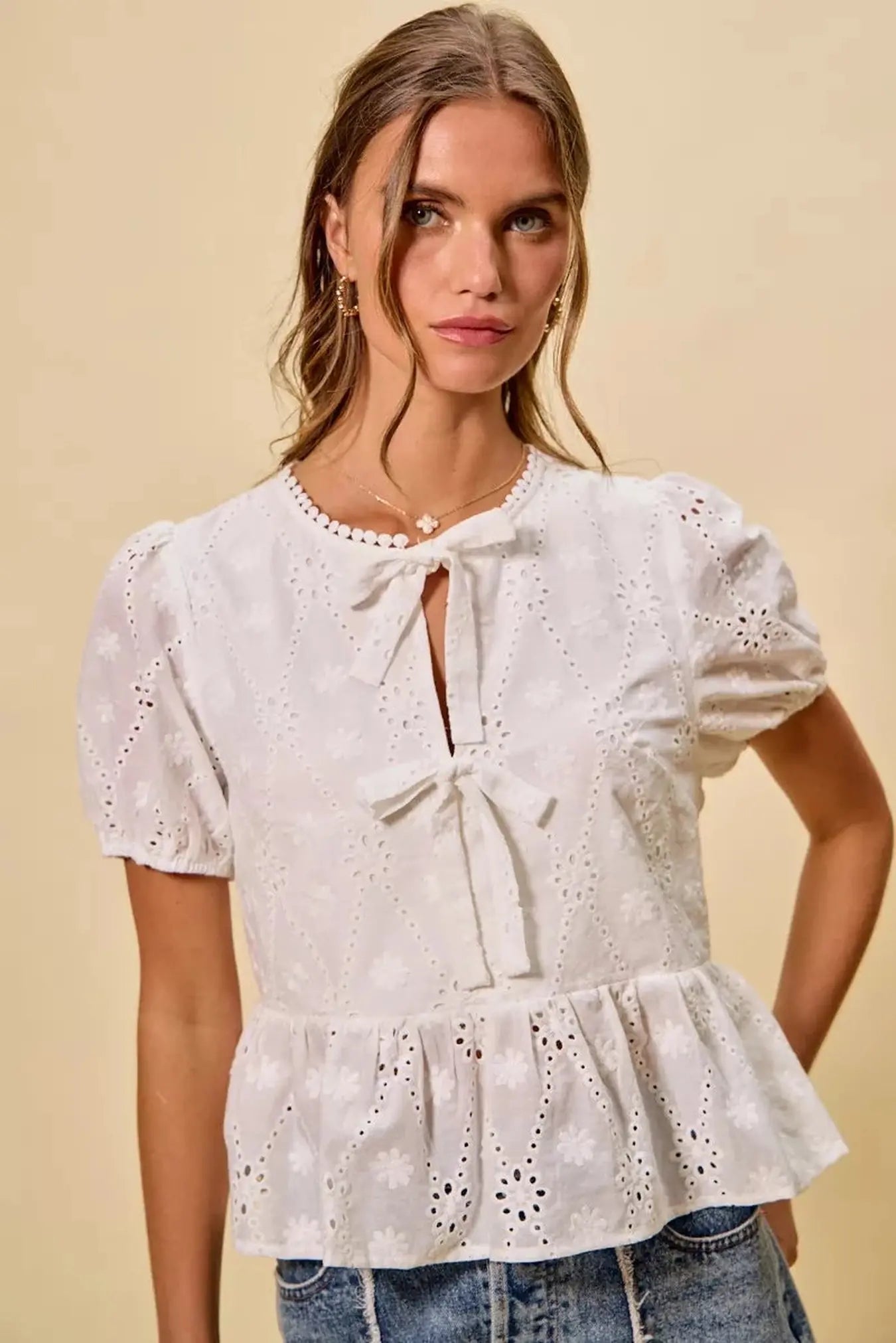 SO ME Cotton Eyelet Front Tie Short Sleeves Blouse -
