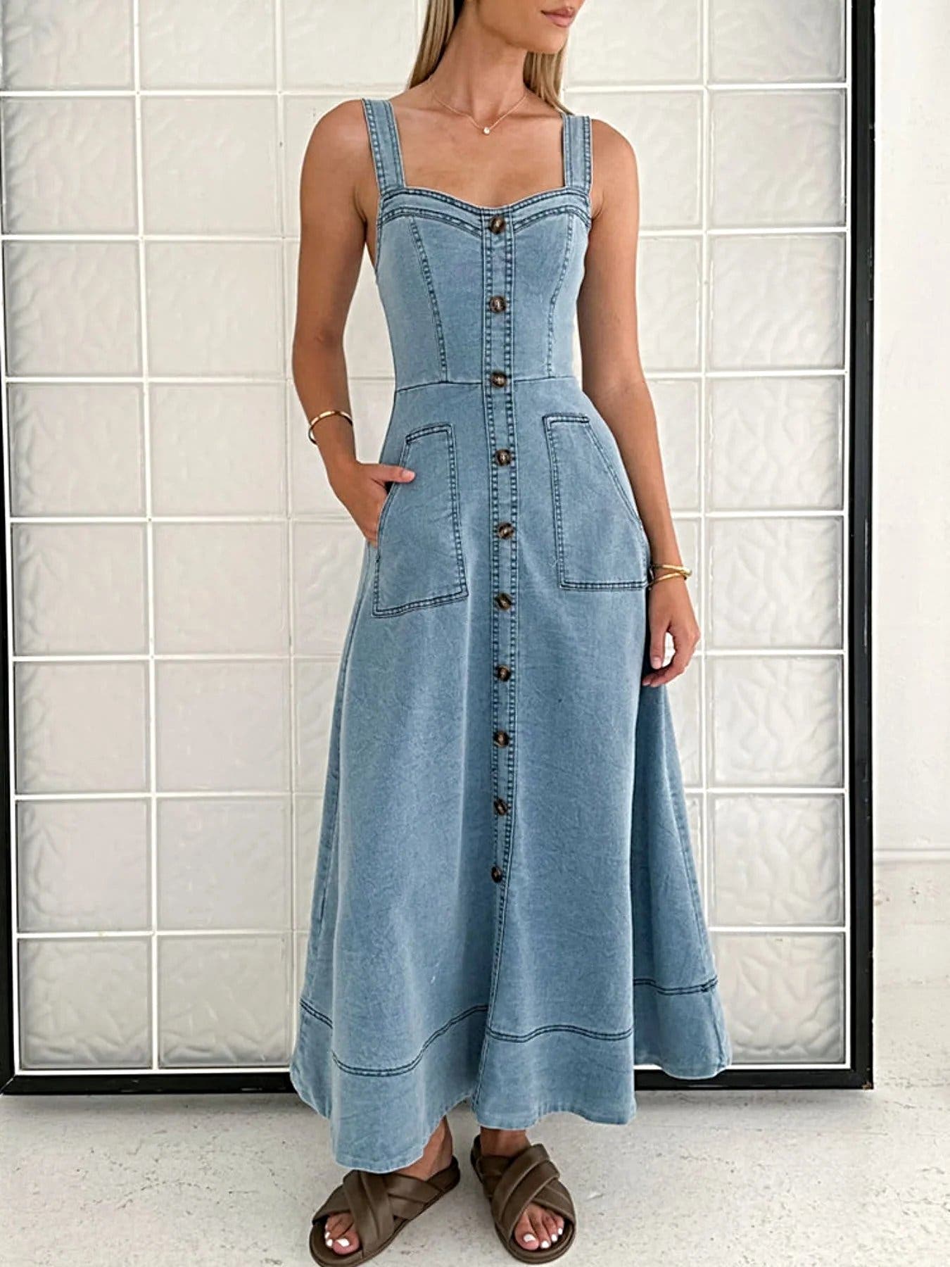 Decor Button Front A-Line Denim Dress -