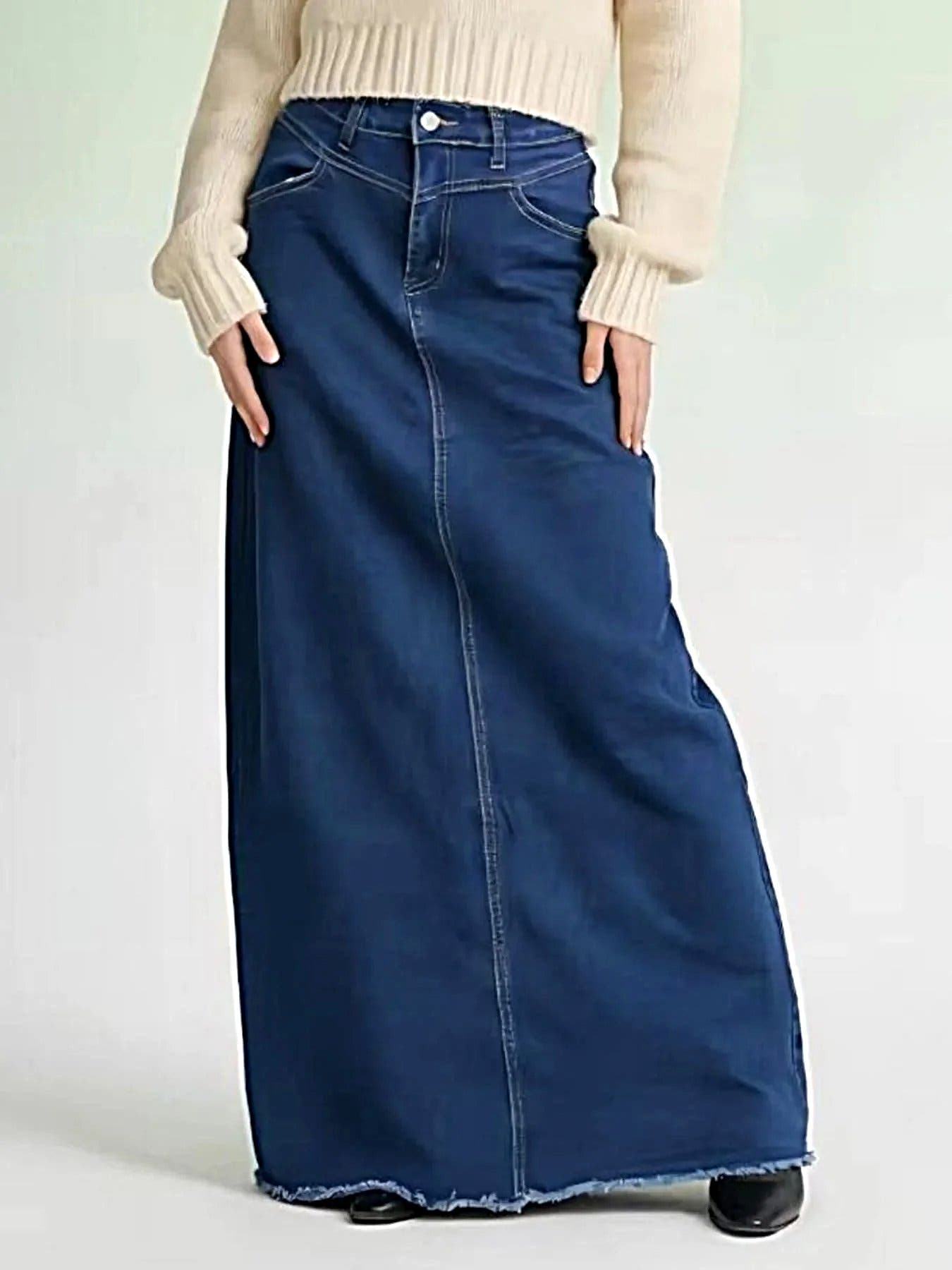 Raw Hem Maxi Denim Skirt -