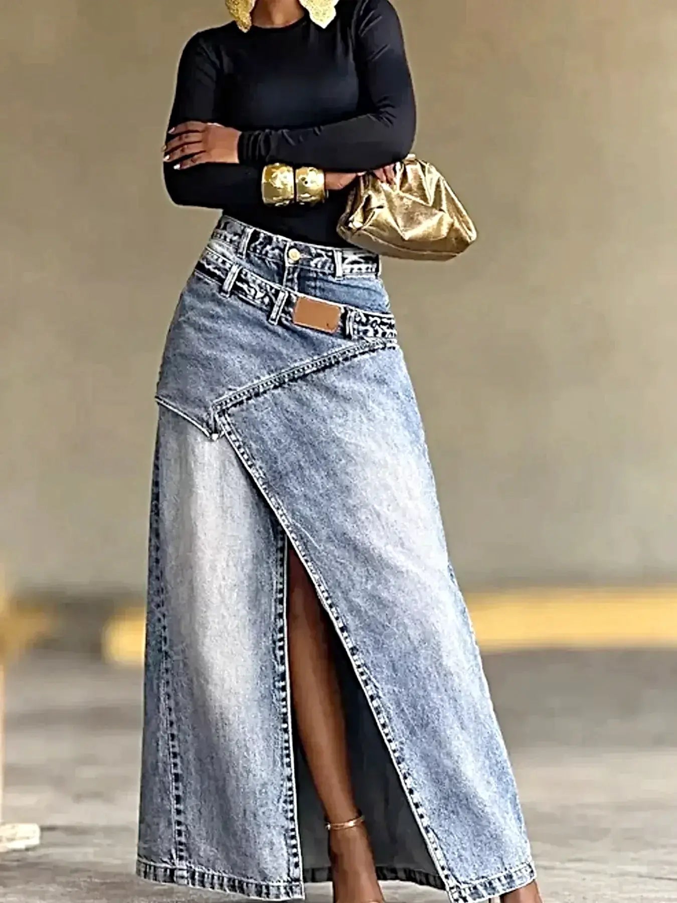 High-Waisted Slit Denim Skirt -