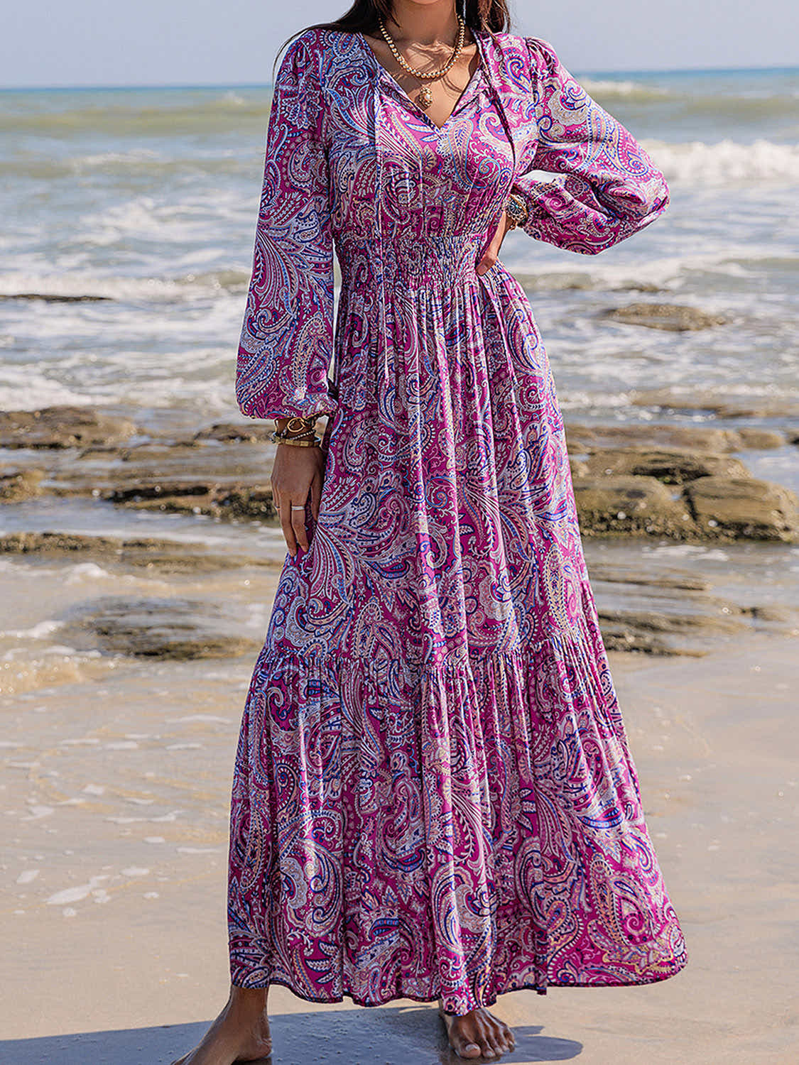 Printed Tie Neck Balloon Sleeve Maxi Dress Trendsi