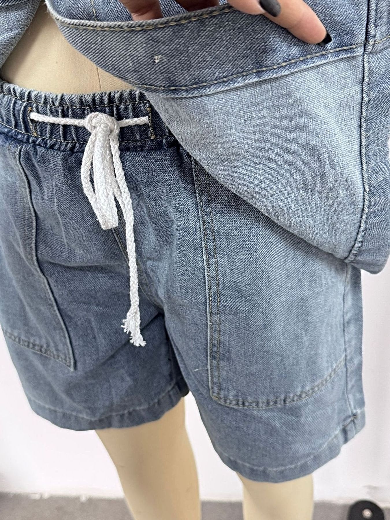 Button Up Short Sleeve Top and Shorts Denim Set -