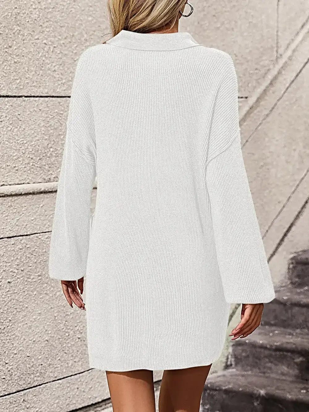 Collared Neck Long Sleeve Sweater Dress with Pockets -
