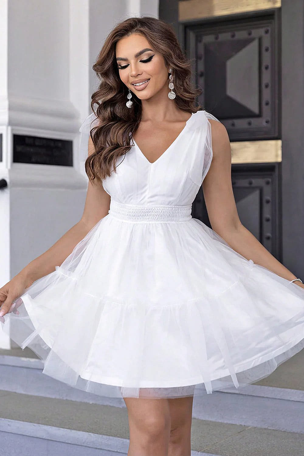 Elegant V-Neck Mesh Party Dress With Shoulder Detail - 100% Polyester, Slightly Stretchy Fit Trendsi