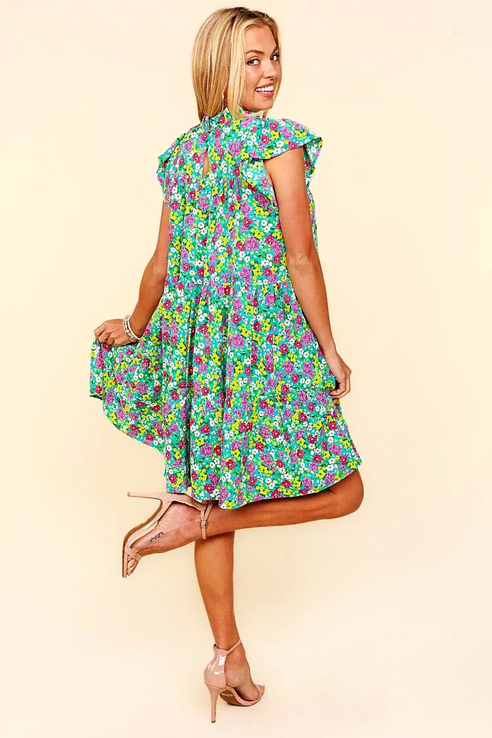 Haptics Frilled Mock Neck Ditsy Floral Dress -