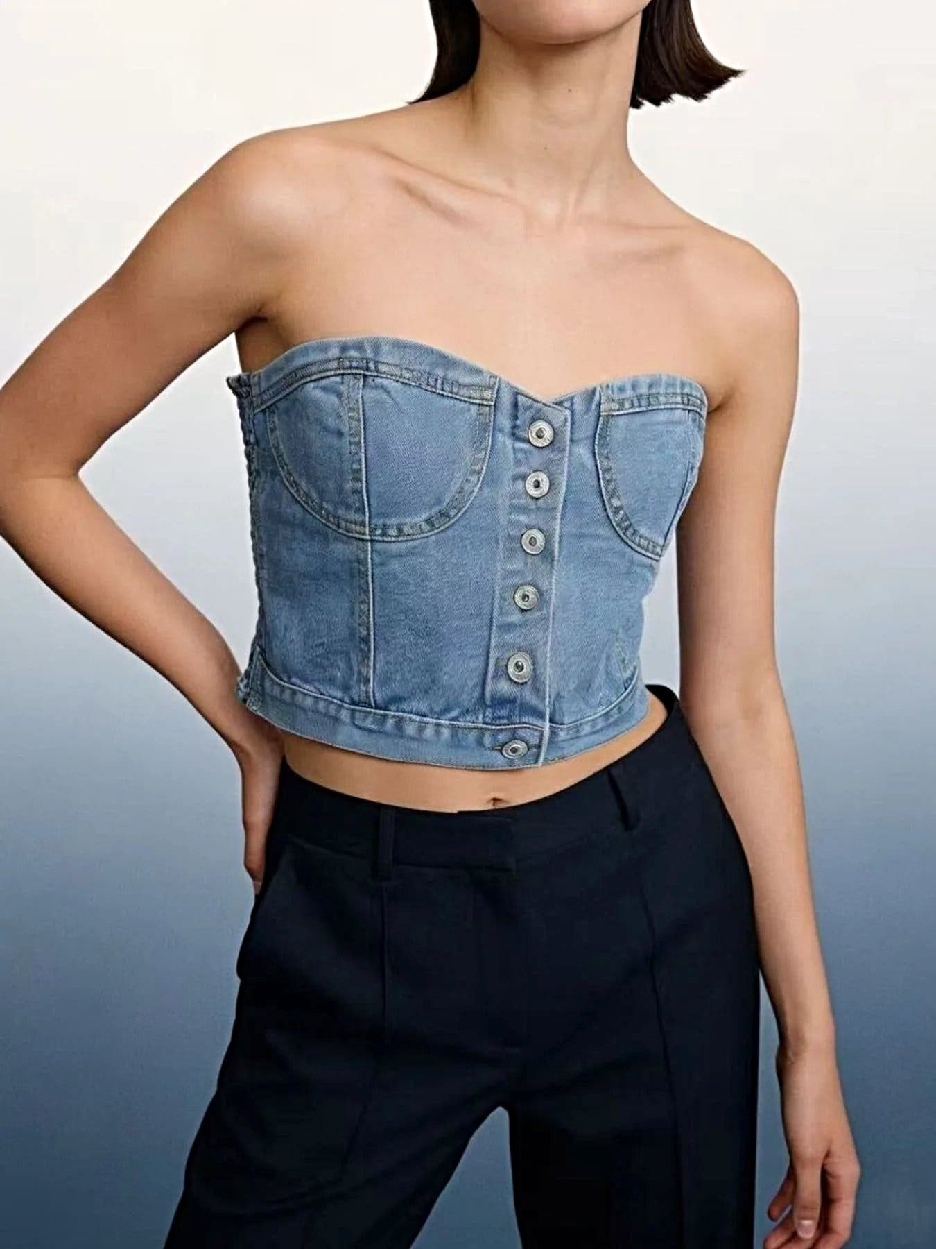 Button-Front Denim Tube Top -