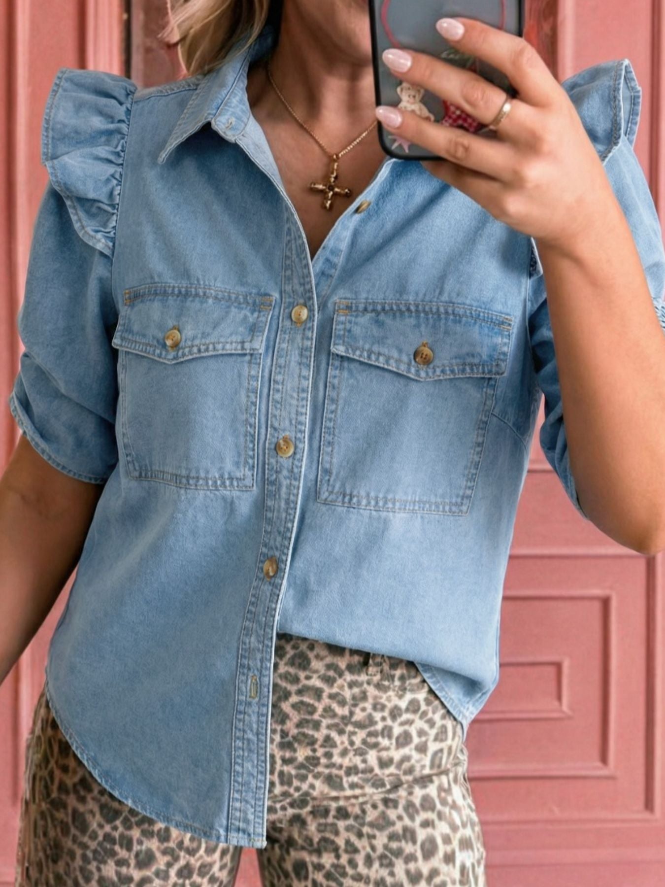 Ruffled Button-Down Denim Shirt -