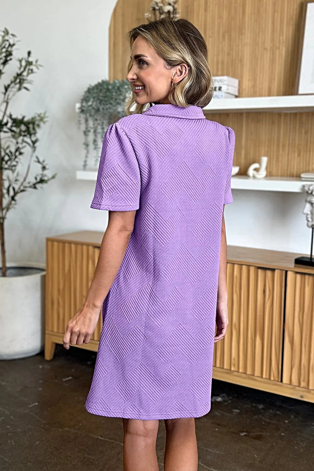Elegant Double Take Short Sleeve Collar Dress - Textured Opaque Design, Slightly Stretchy, Machine Washable Trendsi