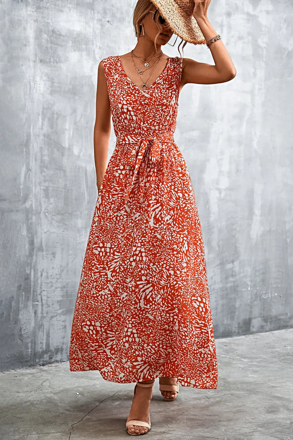 Printed V-Neck Tie Waist Maxi Dress -