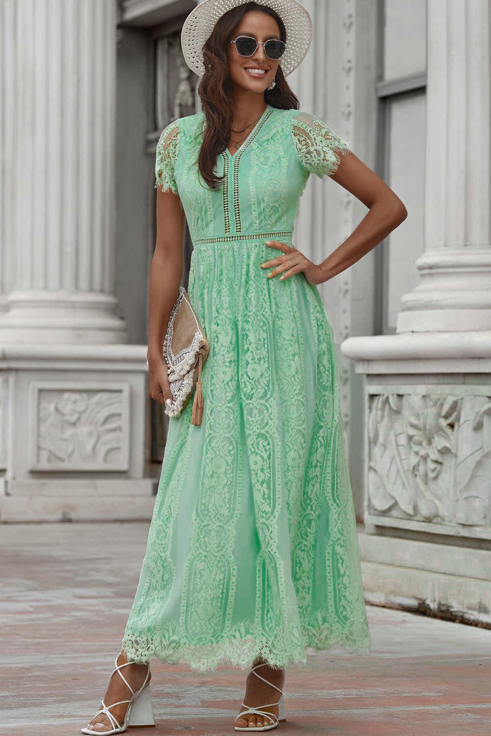 Scalloped Trim Lace Plunge Dress Trendsi