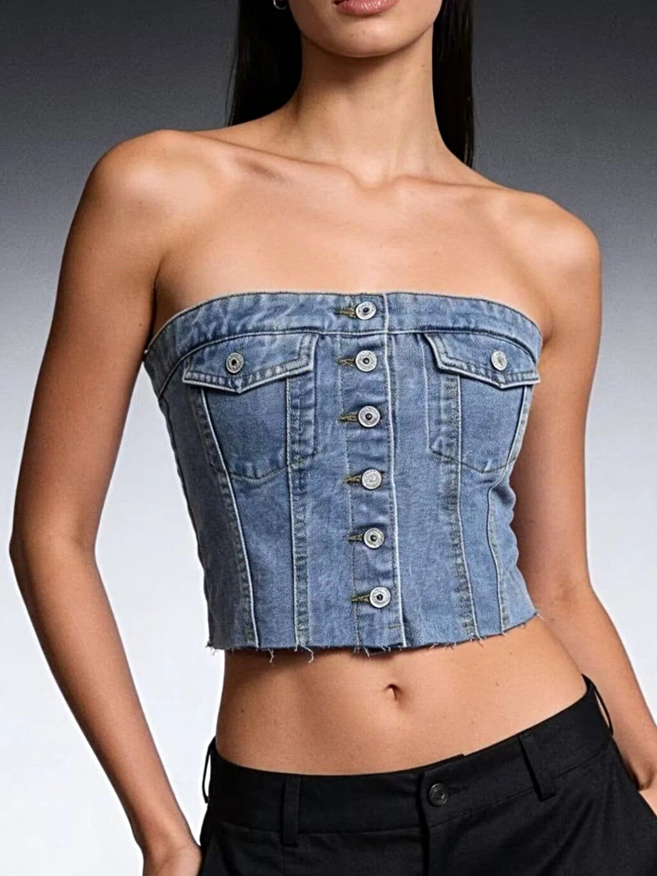 Button-Front Strapless Denim Top -