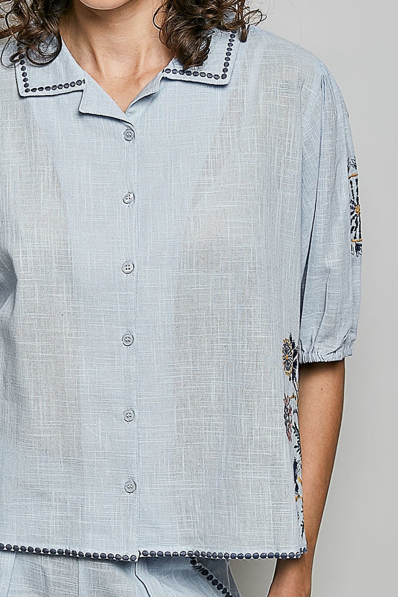 POL Button Down Embroidered Floral Short Sleeve Shirt -