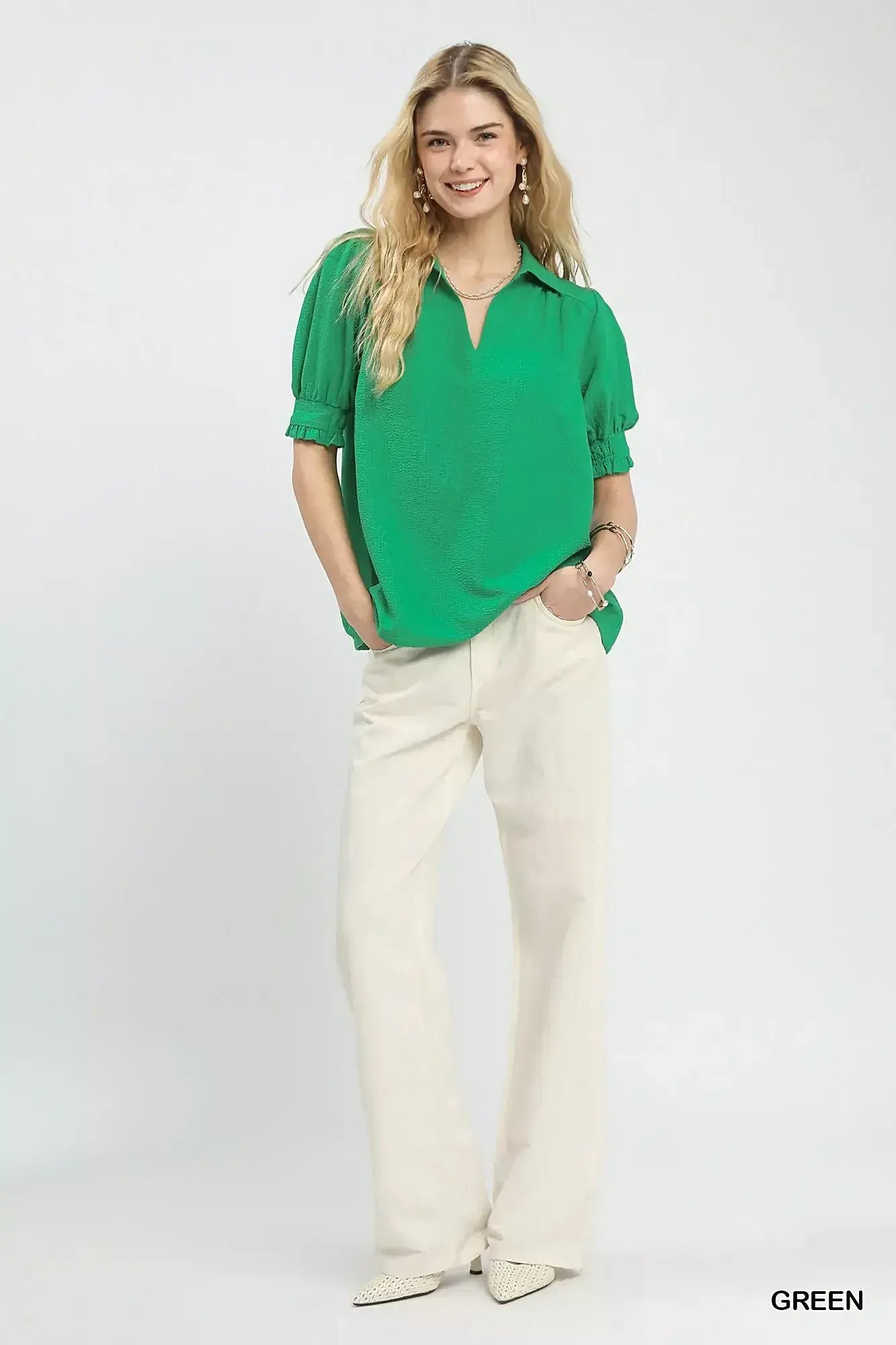 Elegant Seersucker Blouse with Puff Sleeves and Split V-Neck Design, 100% Polyester -