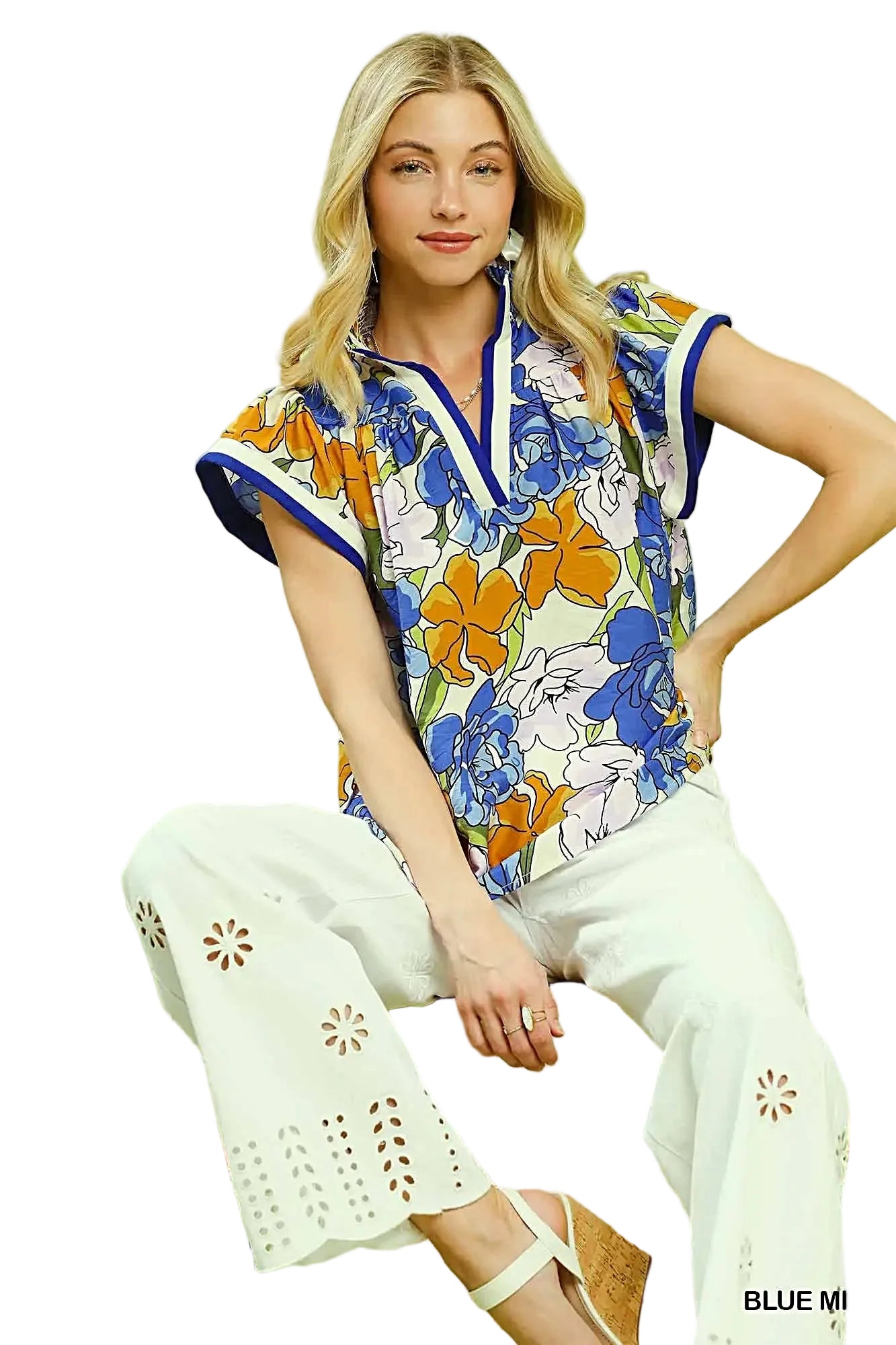Umgee Floral Print Blouse with Contrast Trim -