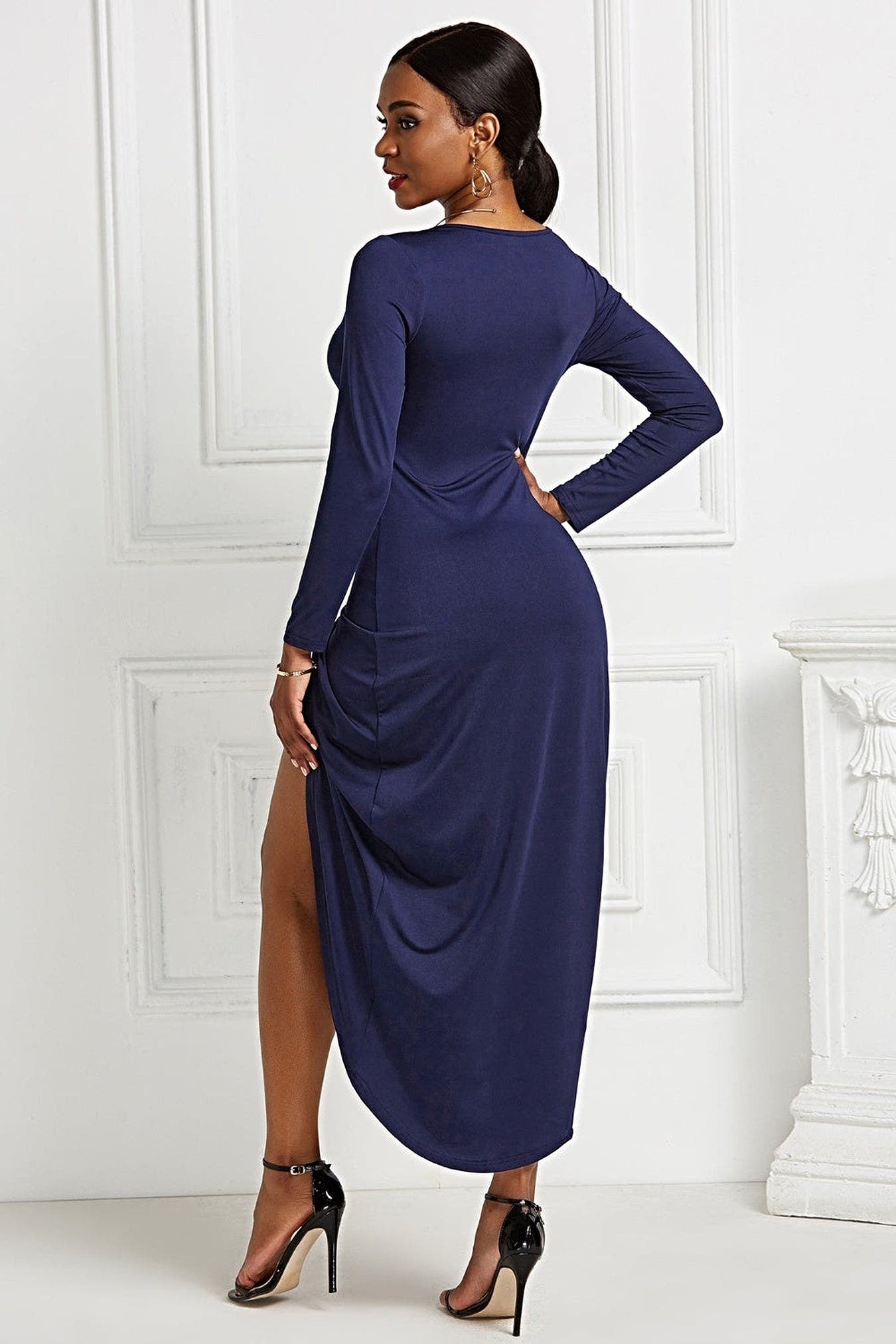 High-low Ruched Surplice Long Sleeve Dress -