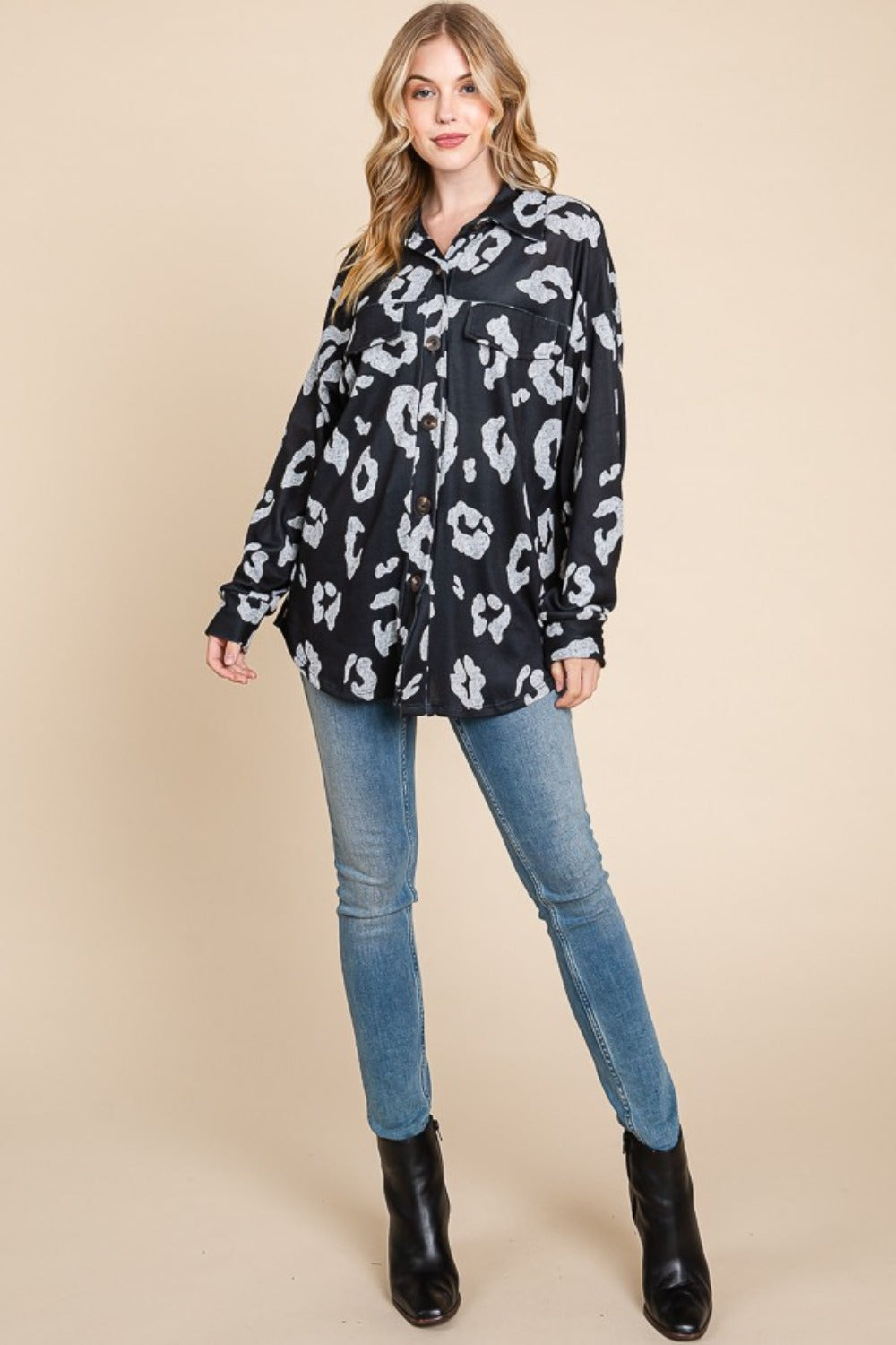 Stylish Animal Print Shacket with Button-Down Front and Pockets | Cozy Knit Layering Piece Trendsi
