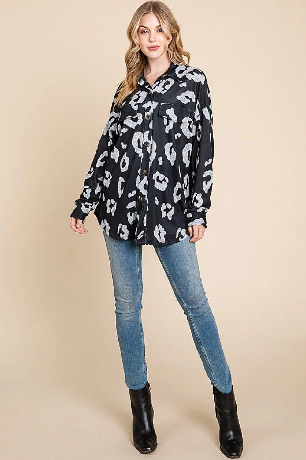 Stylish Animal Print Shacket with Button-Down Front and Pockets | Cozy Knit Layering Piece Trendsi