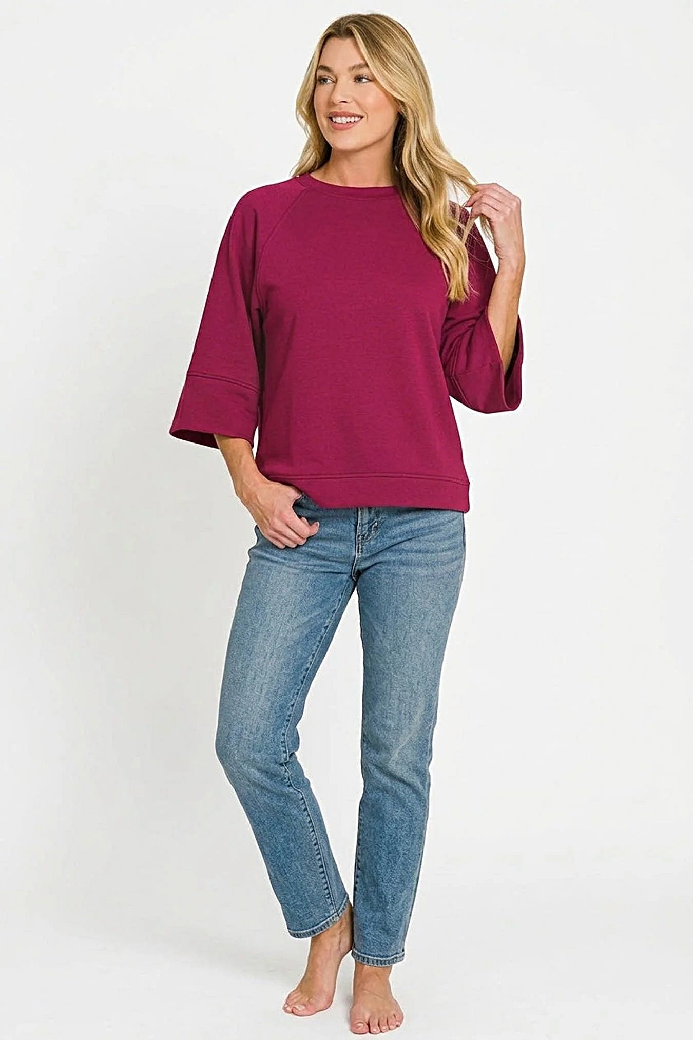 Zenana Scuba 3/4 Sleeve Pullover -