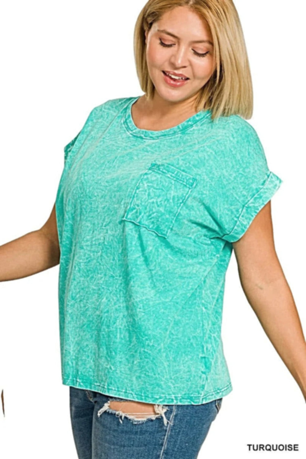 Zenana Full Size Crinkle Washed Round Neck Folded Short Sleeve Tee Plus Size -