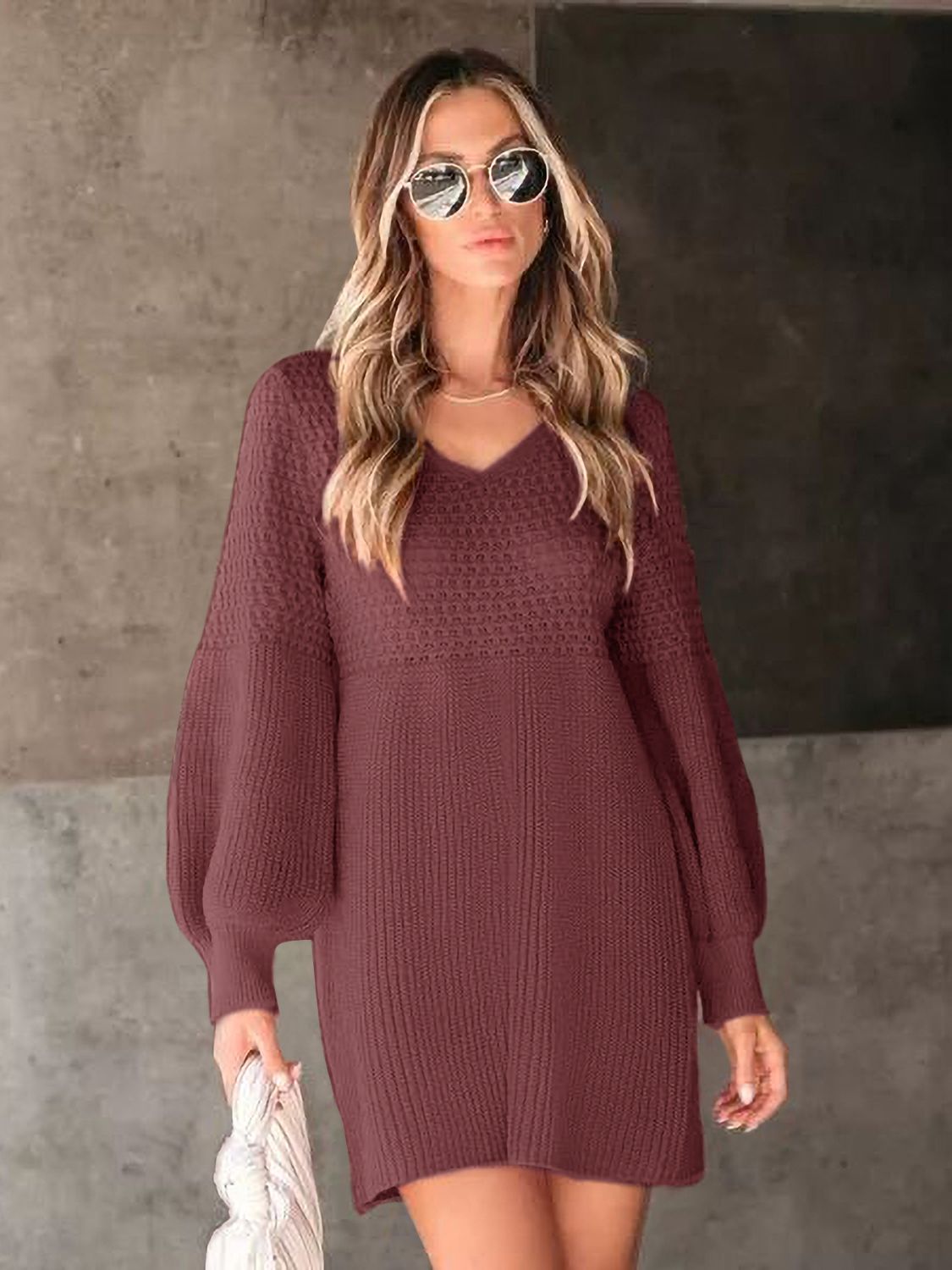 Perfee V-Neck Long Sleeve Sweater Dress Trendsi