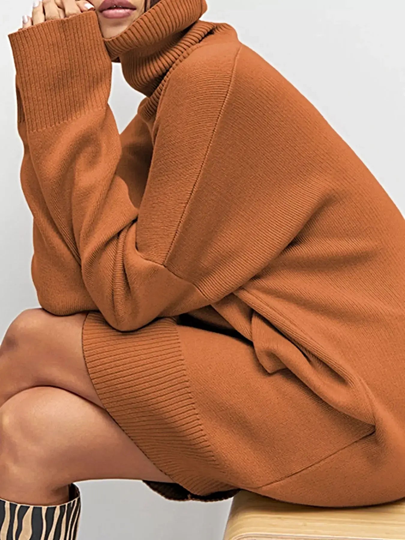 Solid Color Turtleneck Drop Shoulder Loose Sweater Dress -