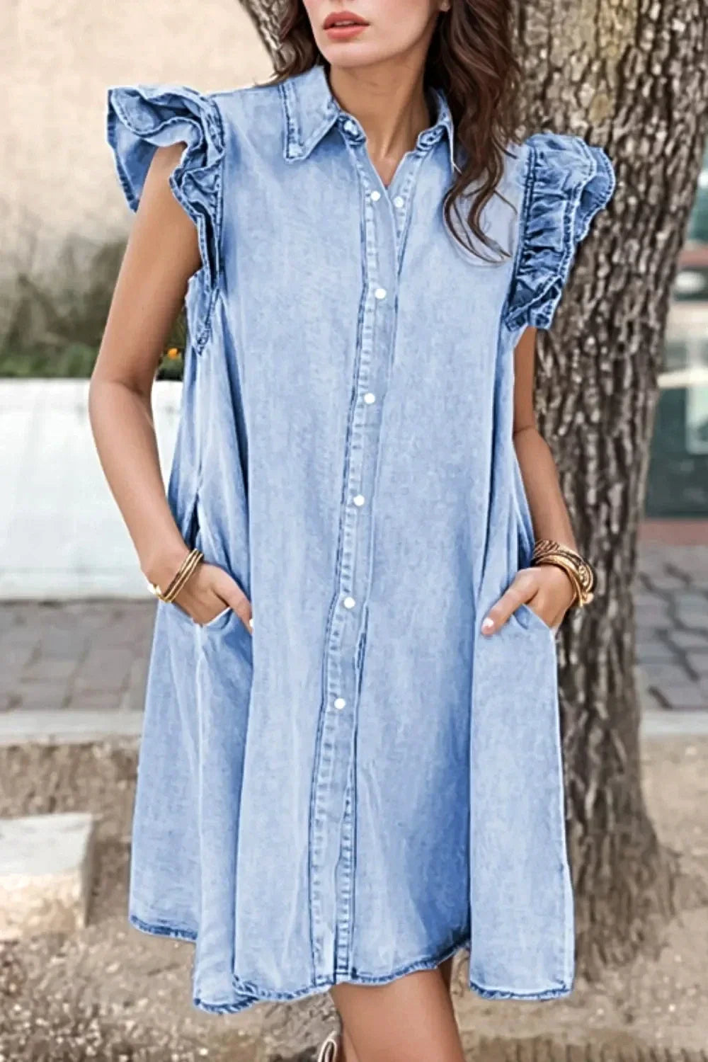 Ruffled Button Front Cap Sleeve Denim Dress -