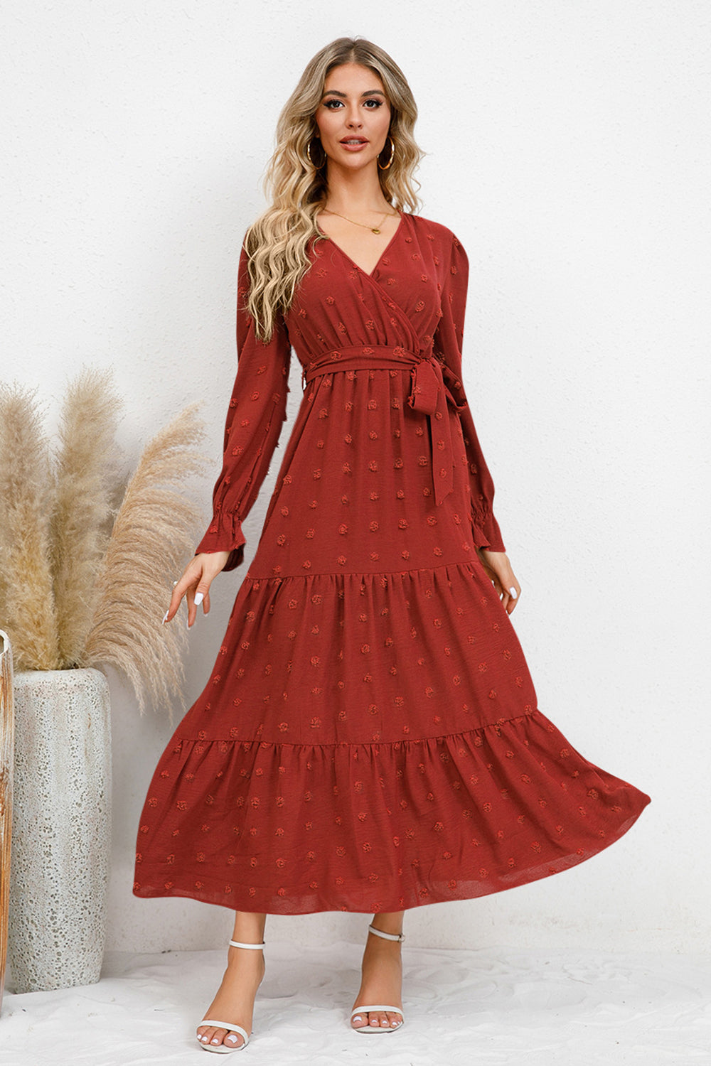 Swiss Dot Tied Surplice Flounce Sleeve Dress Trendsi
