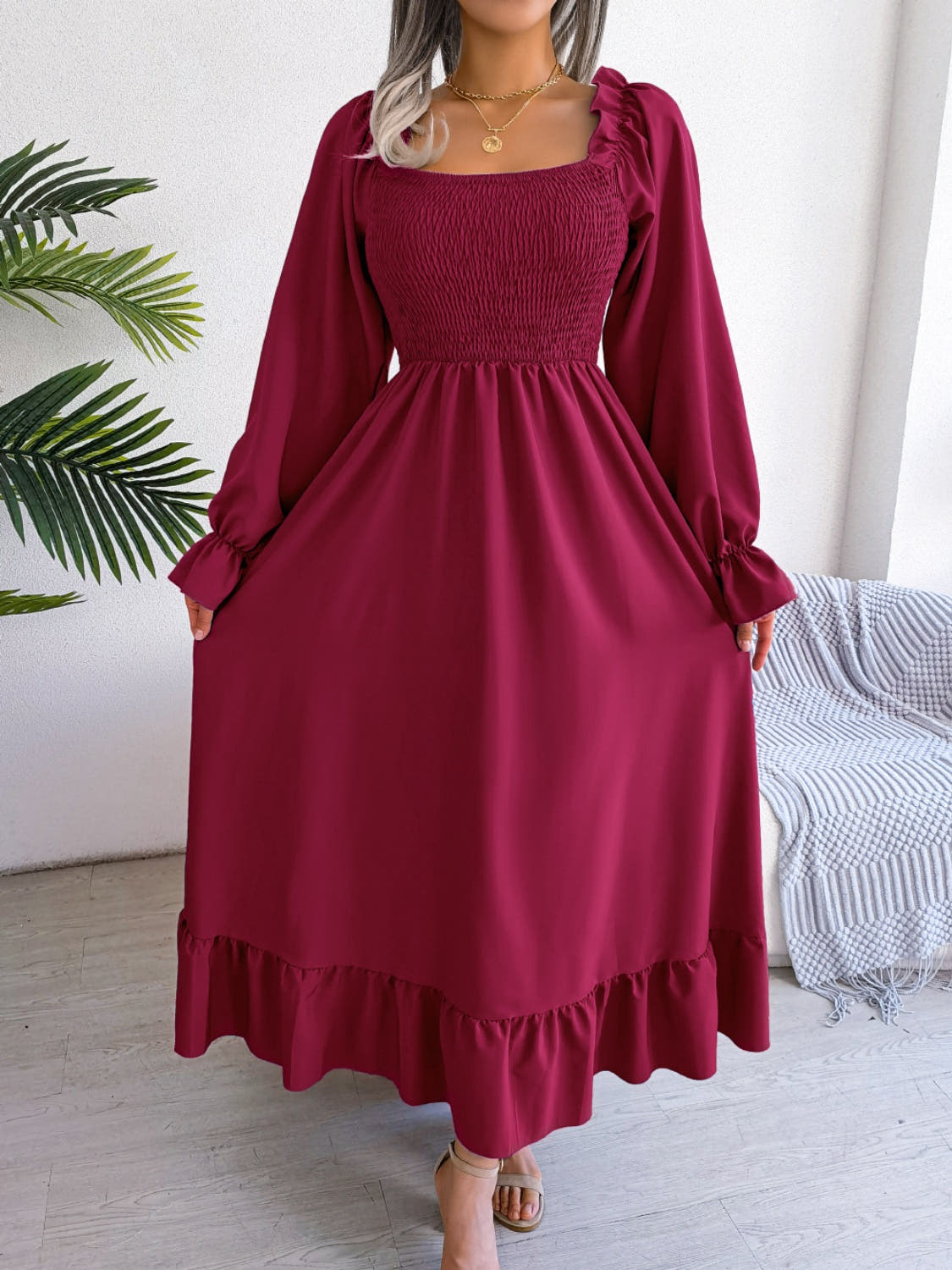 Smocked Square Neck Flounce Sleeve Dress -