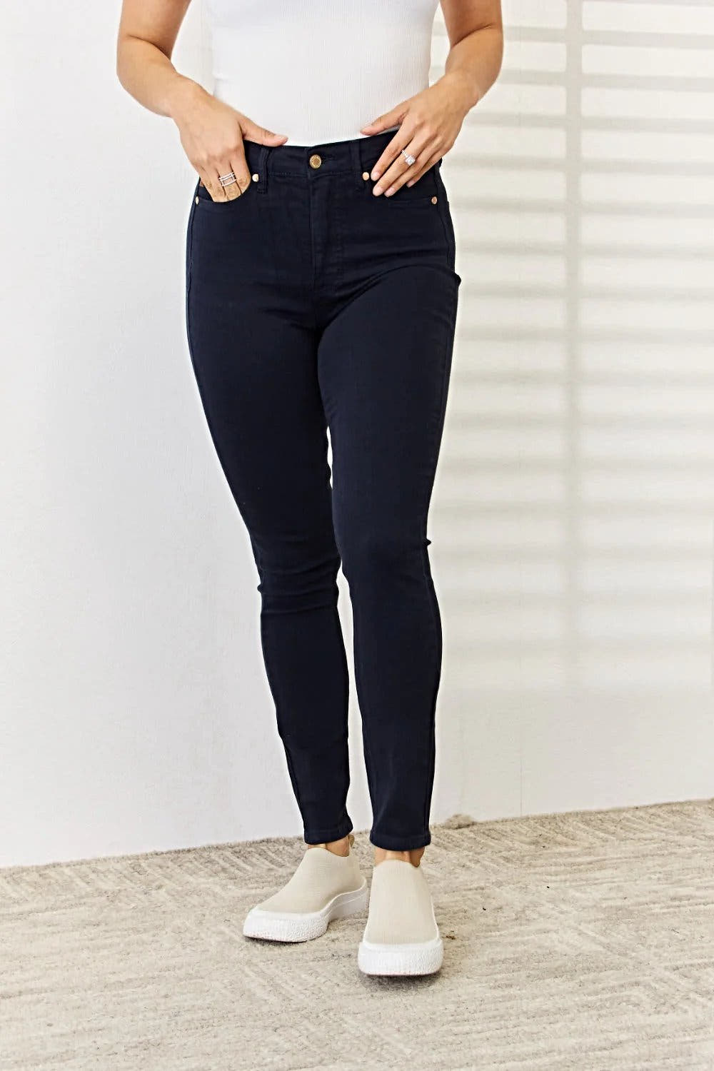 Judy Blue Tummy Control Skinny Jeans - Full Size Garment Dyed for a Flattering Fit Trendsi
