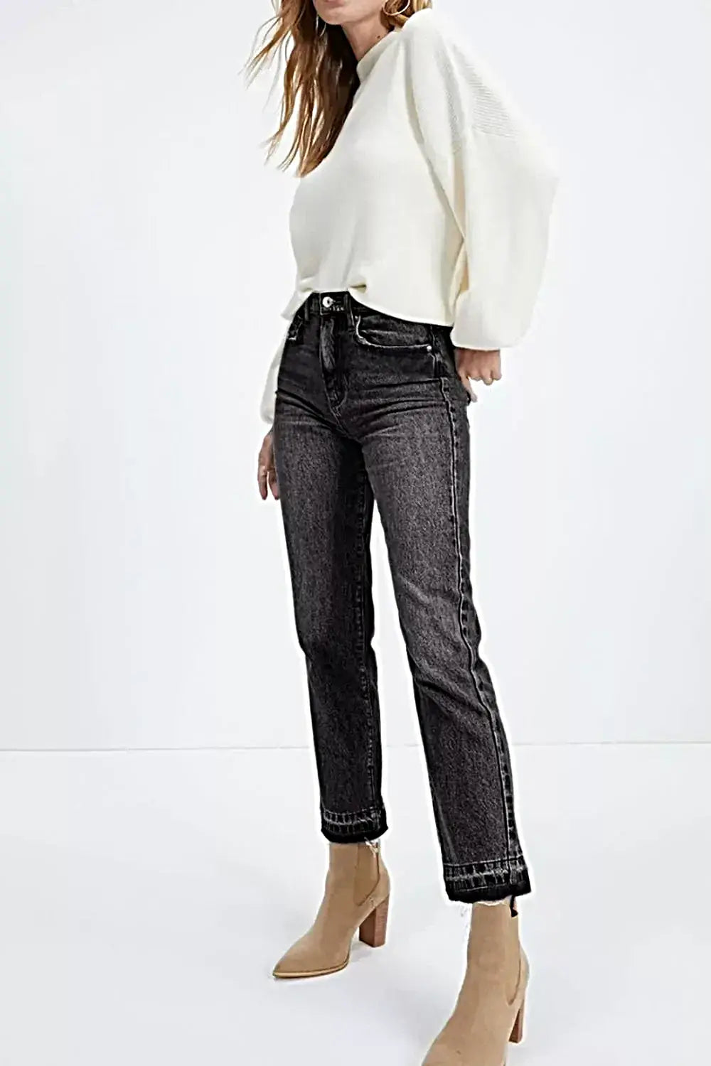 High-Waisted Distressed Hem Straight Leg Jeans -