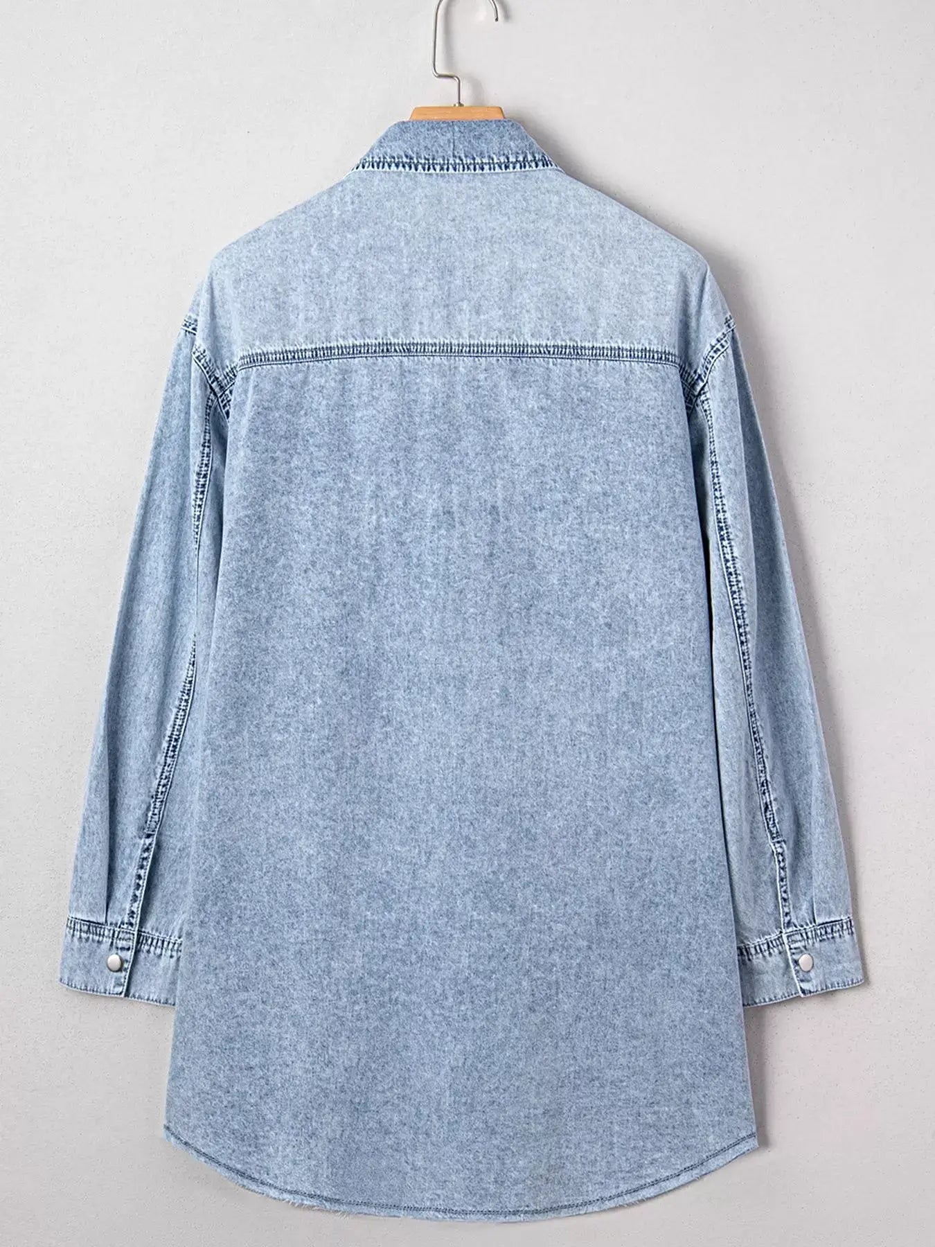 Chest Pocket Raw Hem Denim Loose Shirt Dress -