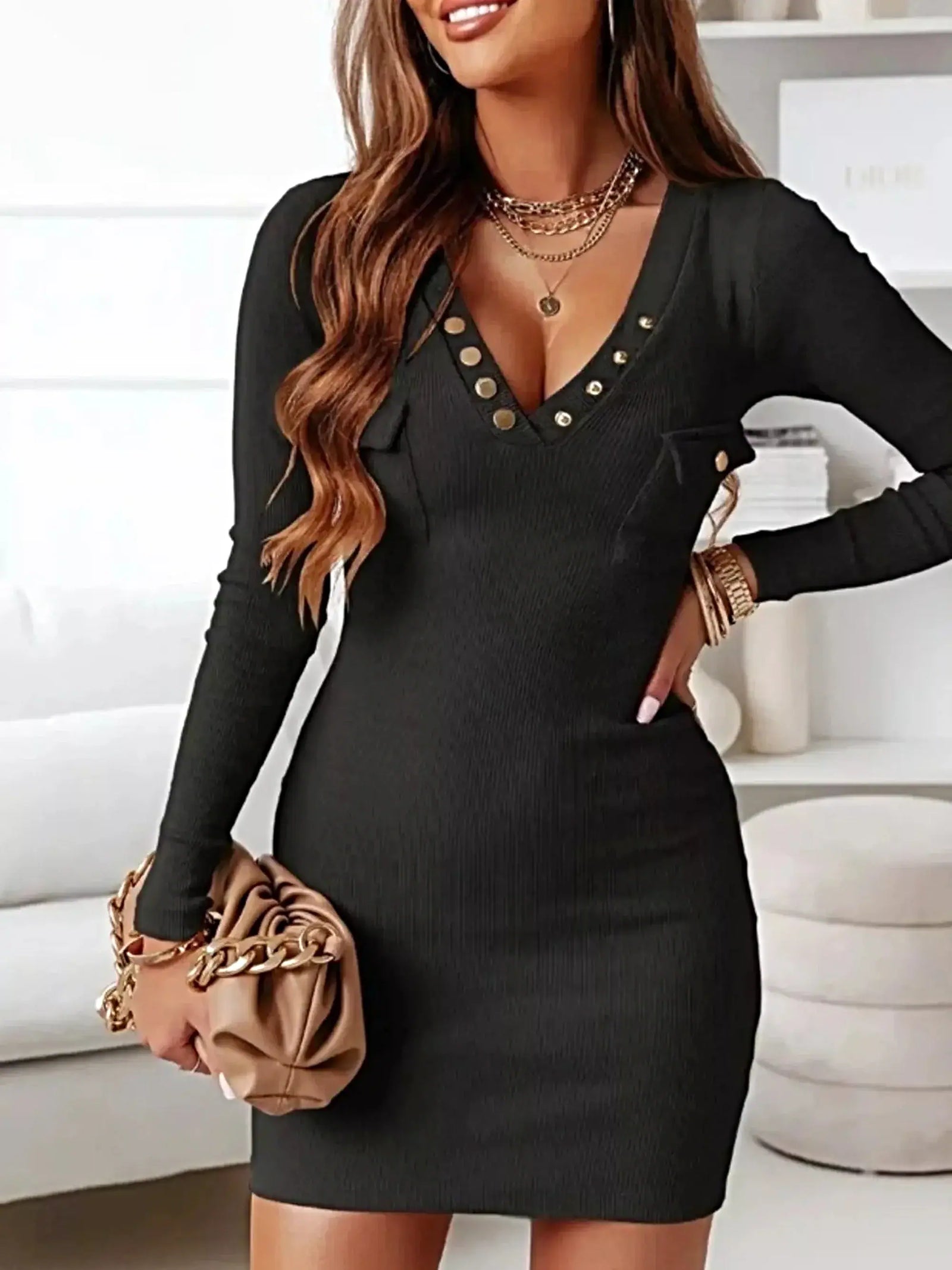 Full Size V-Neck Ribbed Bodycon Mini Sweater Dress Plus Size -