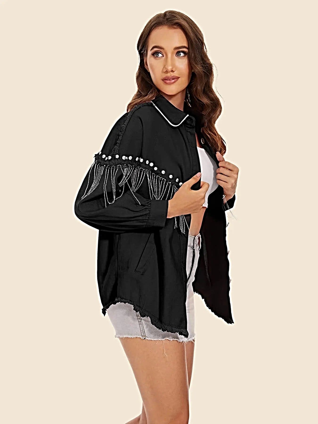 Raw Hem Fringe Detail Denim Jacket -