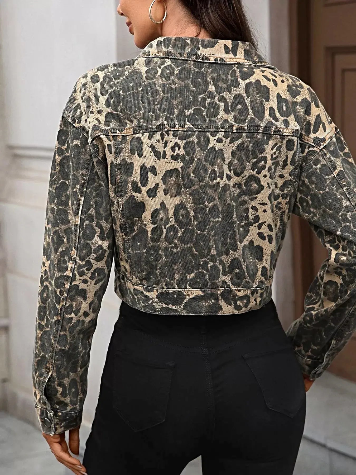 Leopard Button Up Cropped Denim Jacket -