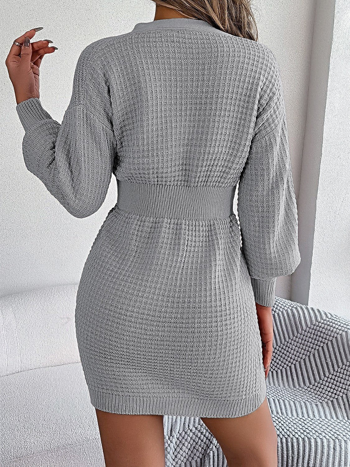 Elegant Buttoned Cable-Knit Dress with V-Neck, Moderate Stretch - 100% Acrylic Trendsi
