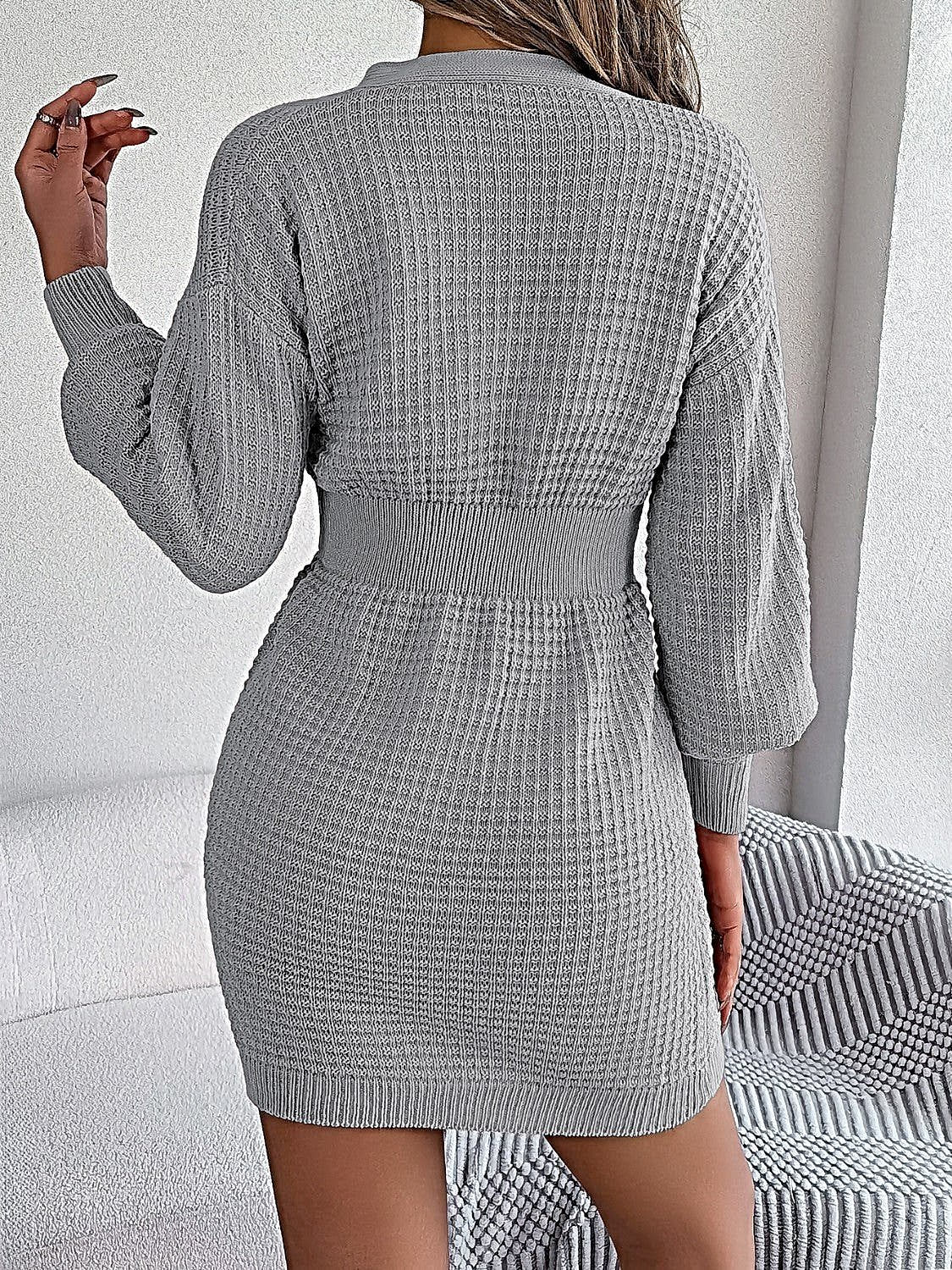 Elegant Buttoned Cable-Knit Dress with V-Neck, Moderate Stretch - 100% Acrylic -