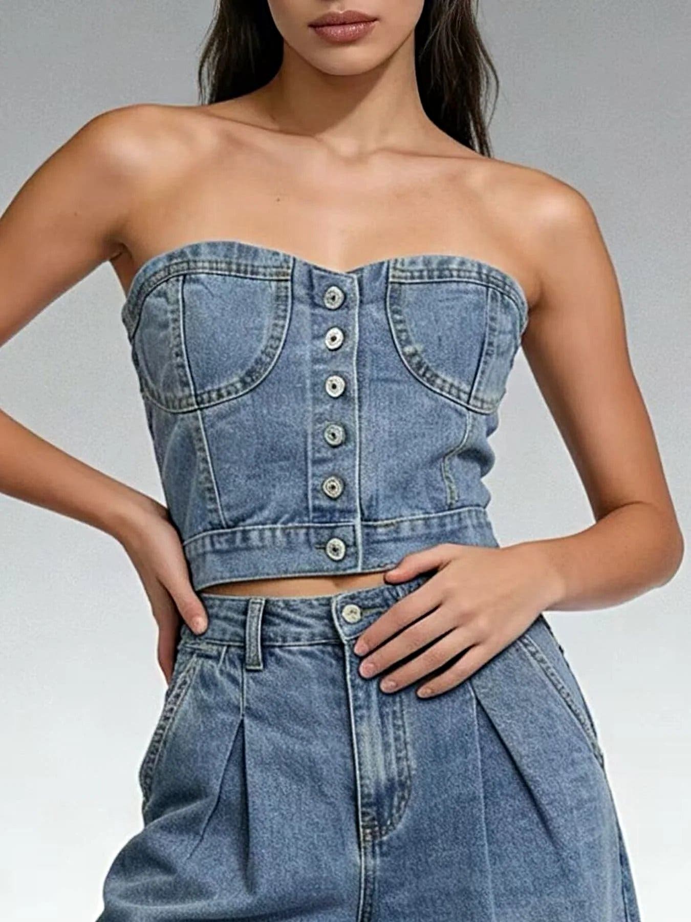 Button-Front Denim Tube Top -