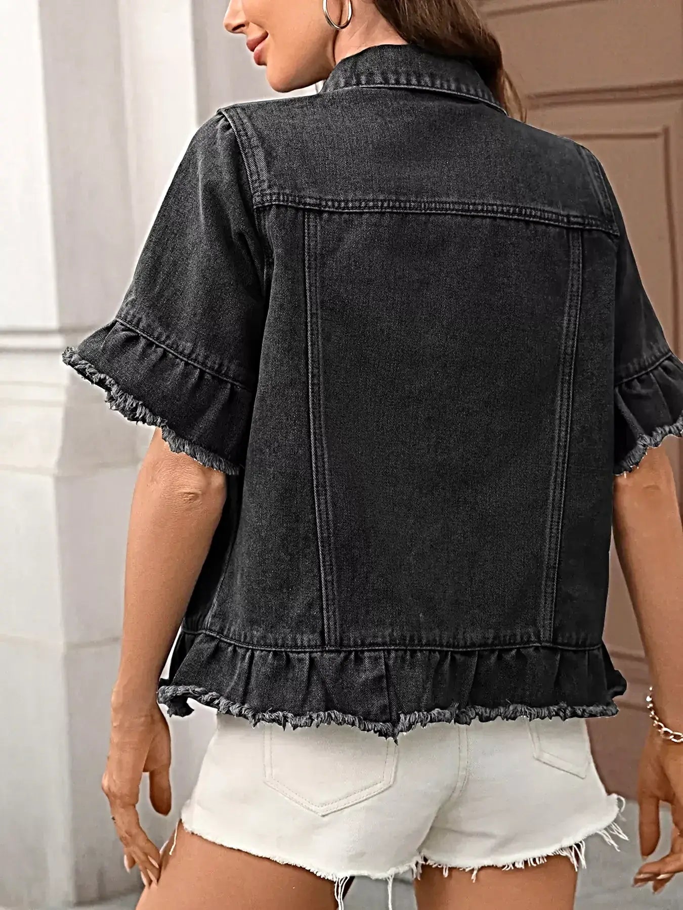 Chic Raw Hem Button Up Denim Jacket with Ruffled Details - Trendy Fashion for Every Occasion -