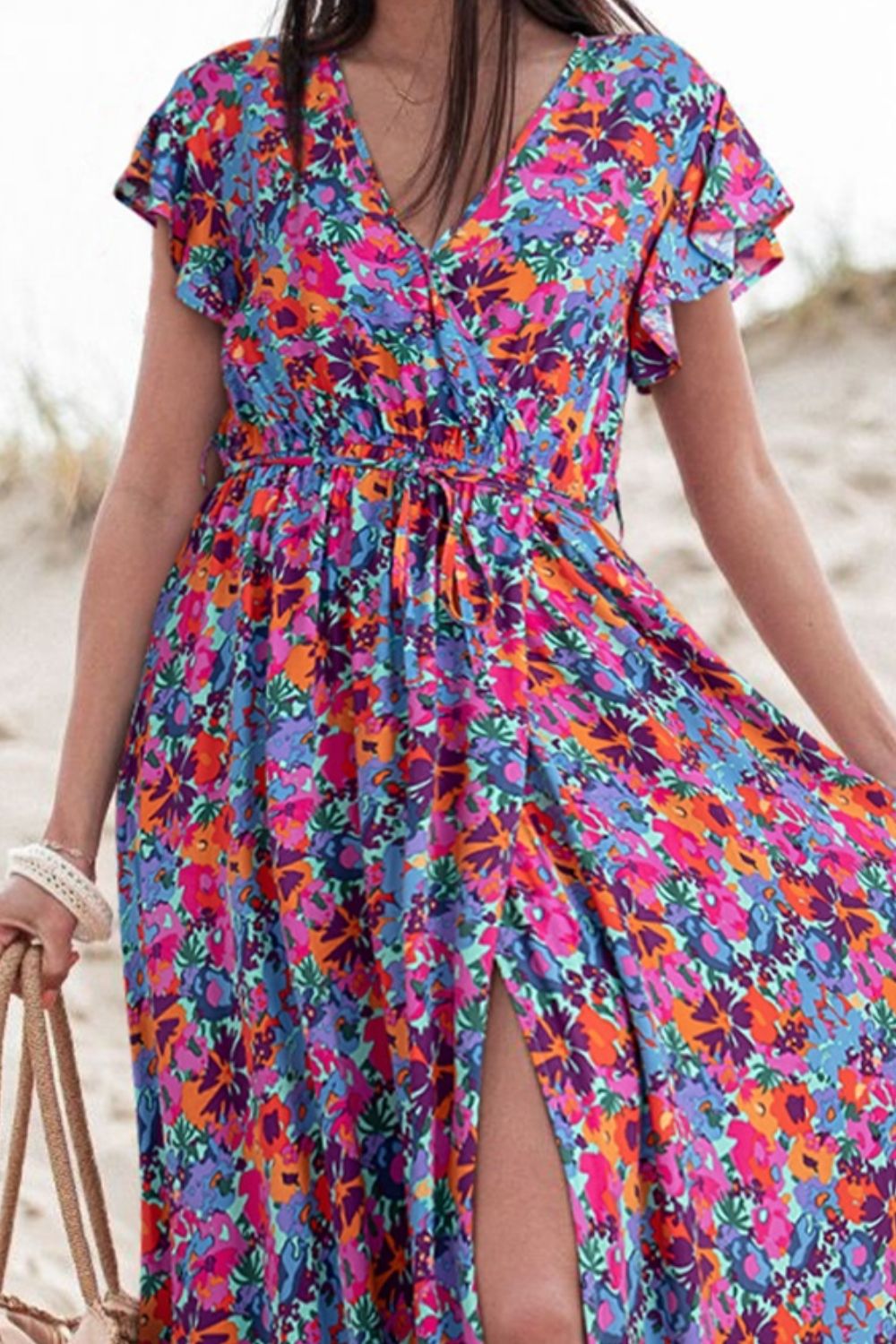 Slit Printed Cap Sleeve Maxi Dress Trendsi
