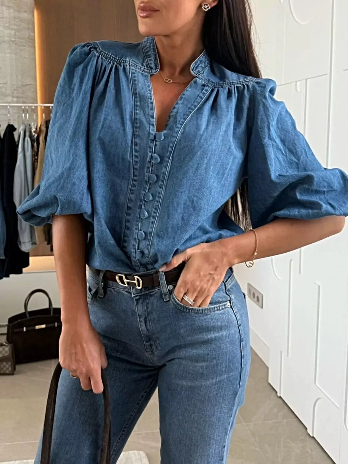 Button-Down Puff Sleeve Denim Top -