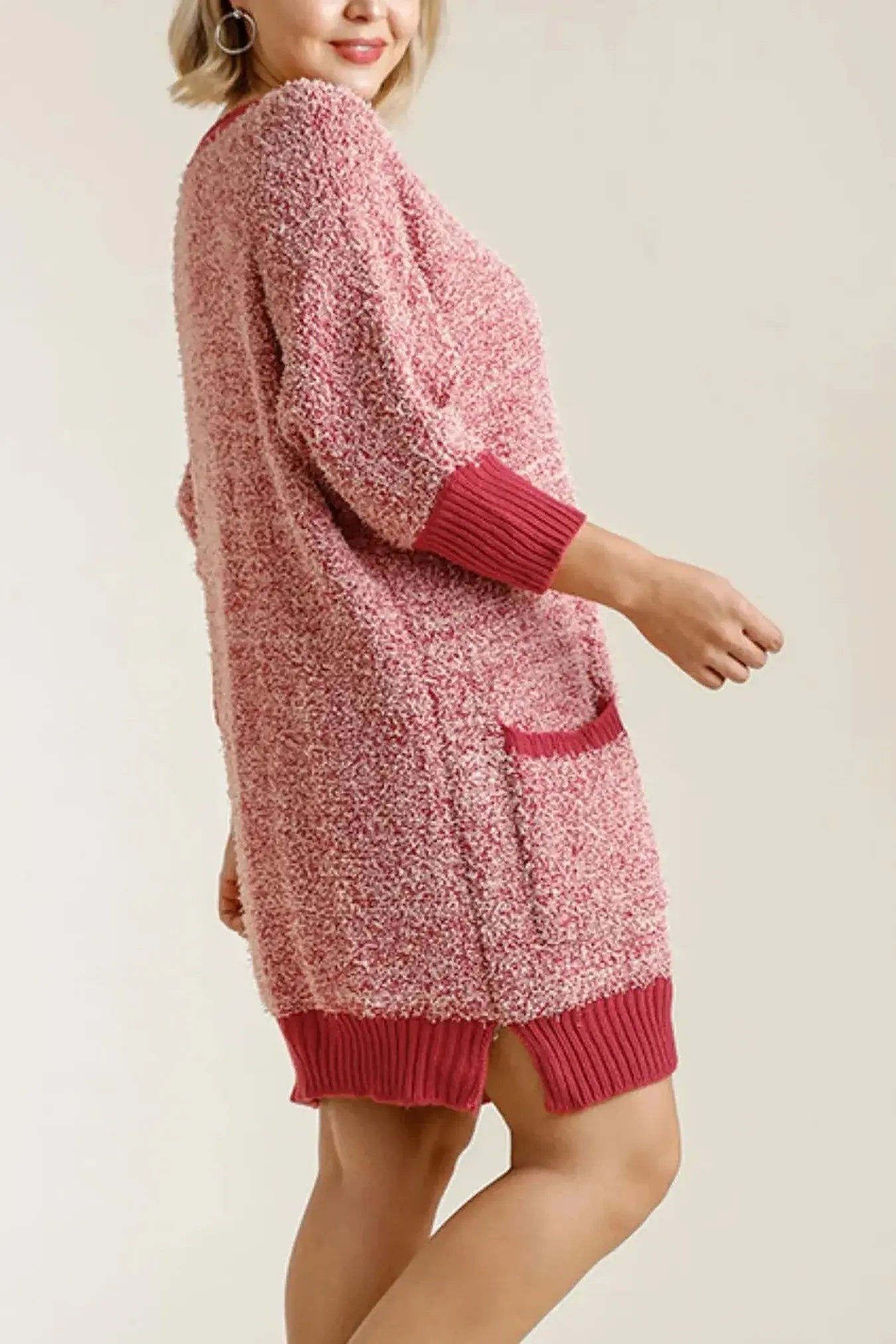 Ribbed Hem Round Neck 3/4 Sleeve Sweater Dress with Pockets -