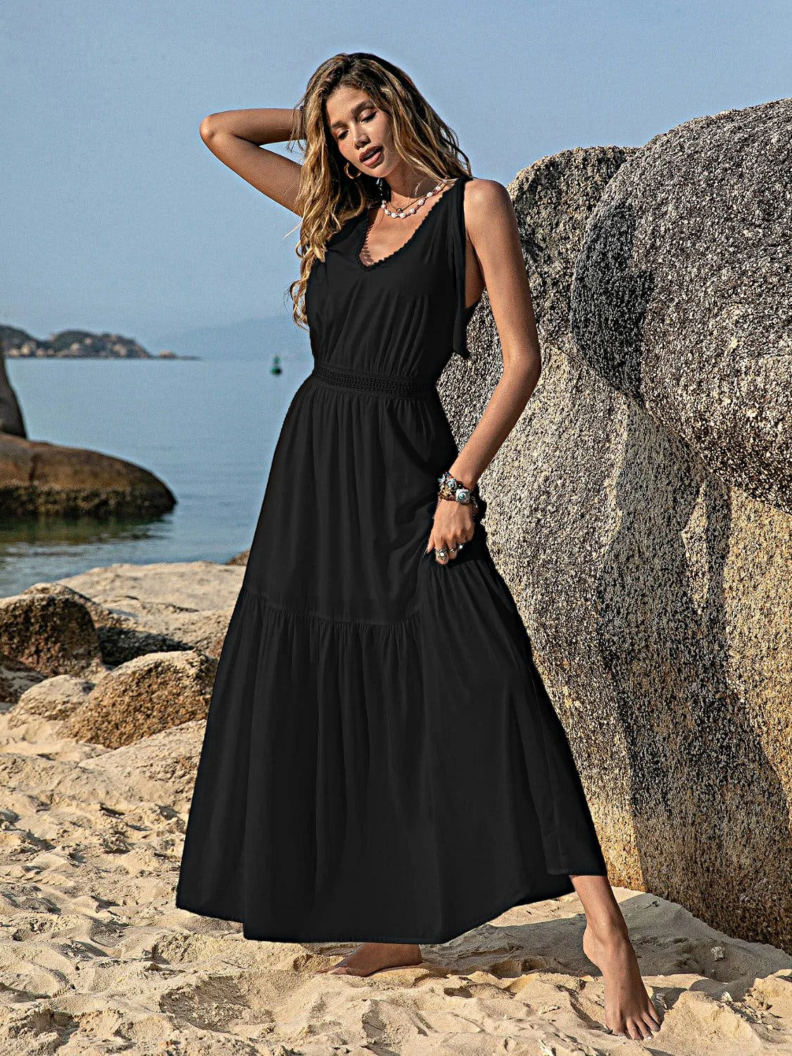 V-Neck Tie Shoulder Crochet Maxi Dress -