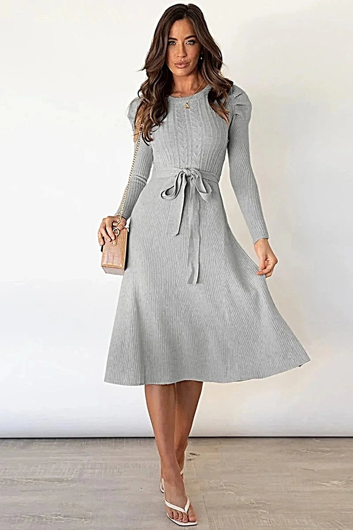 S-2XL • Tie Waist Sweater Dress • Round Neck, Long Sleeves • Stretchy Opaque Fabric -